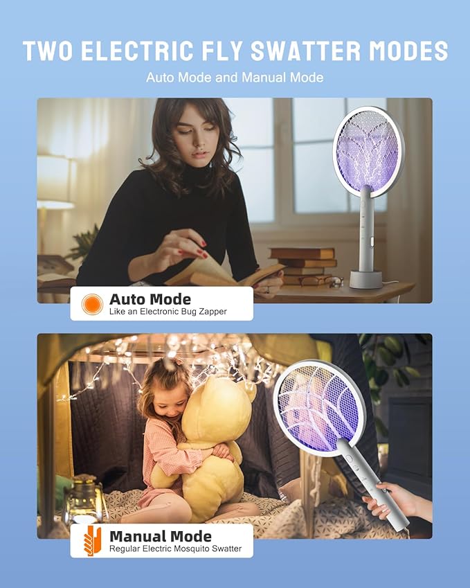 Electric Fly Swatter Racket, Mosiller 2 in 1 Smart Bug Zapper & Power Take Off Generators with USB Rechargeable Base, Powerful Mosquitoes Trap Lamp & Fly Killer for Home, Bedroom (Light Grey（1 Pack）)