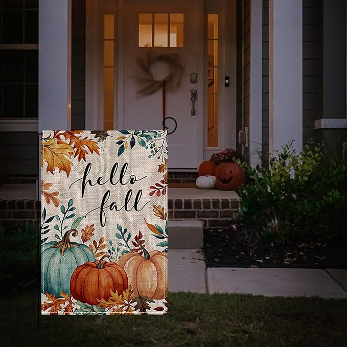 Fall Garden Flag 12 x 18 Inch Double Sided Pumpkin Maple Leaves Designs Autumn Burlap Yard Flag for Outside Rustic Yard Outdoor Holiday Home Decoration