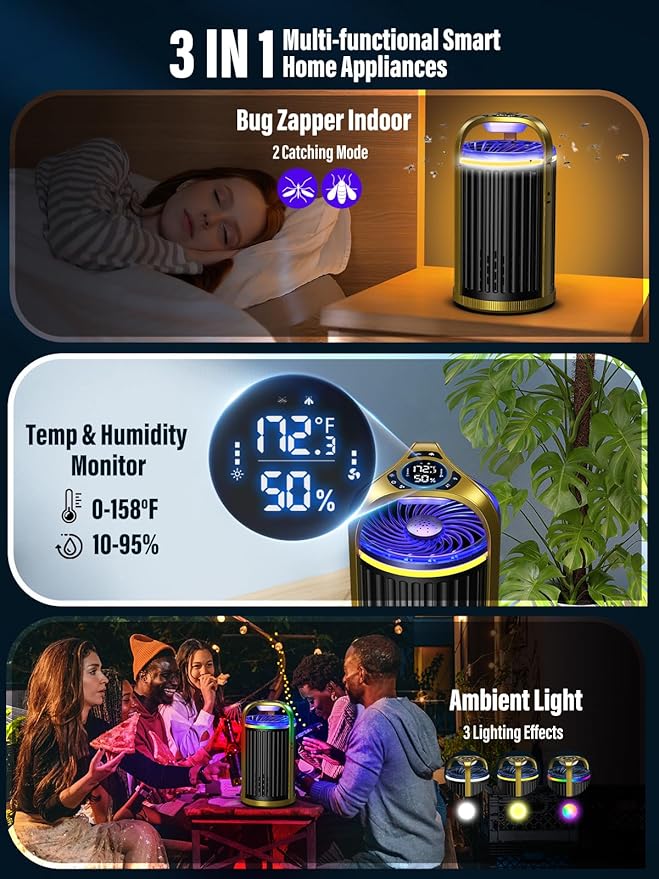 Fly Trap Indoor, CreateFun 2025 New Gnat Traps for House Indoor, Bug Light Trap Mosquitoes Fruit Fly Trap for Plants Bug Zapper with 10 PCS Refills - Gold & Black