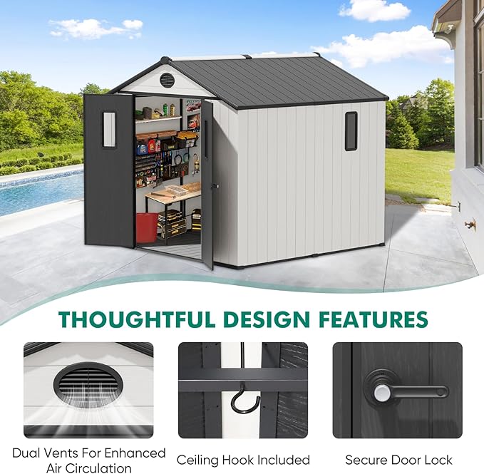 8x6 Resin Outdoor Storage Shed with Floor, Plastic Tool Shed for Gardening, Patio, and Deck, White/Gray