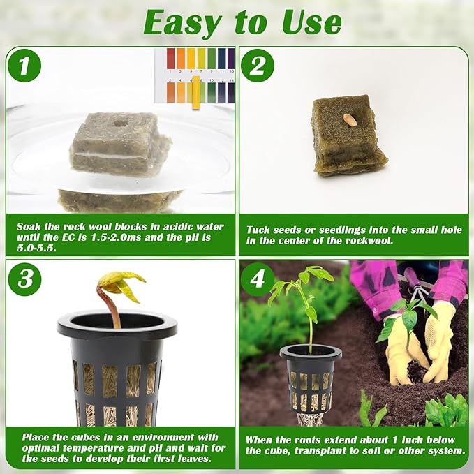 100 Pcs Rockwool Cube for Hydroponics with Net Pot, 50P 1Inch Rockwool Stonewool Plug & 50P 1.5Inch Net Cup for Seed Starter Soilless, Hydroponics, Plant Germination Start (Black)