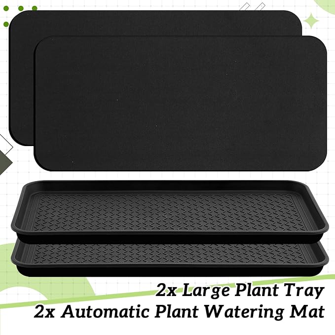 Vesici 4 Pack Large Self-Watering Plant Trays (30"x15") and 3mm Capillary Mat-Automatic Watering System for Indoor/Outdoor Plants, Durable Plastic Seedling Trays for Potted Plant, Garden