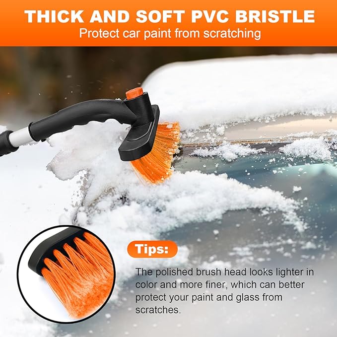 34" Extendable Ice Scrapers for Car Windshield 2-in-1 Snow Brush for Car Snow Scraper for Snow Scraper and Drush with Ergonomic Foam Grip for Cars Trucks SUV with 360° Pivoting Brush Head Orange 1PCS