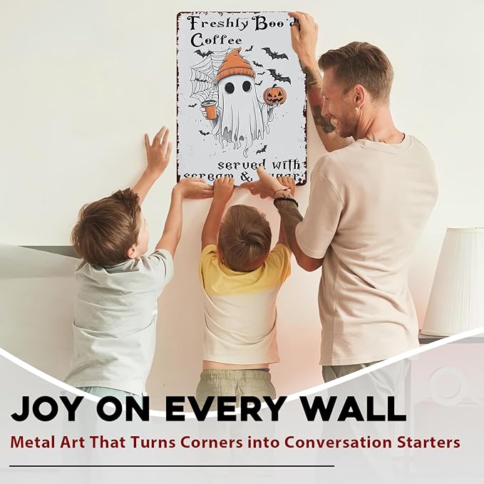 Halloween Rustic Metal Tin Sign Freshly Boo’d Coffee Vintage Fall Decor Retro Tin Plaque Kitchen Wall Art Metal Poster Home Iron Painting Wall Decor 12x16inch