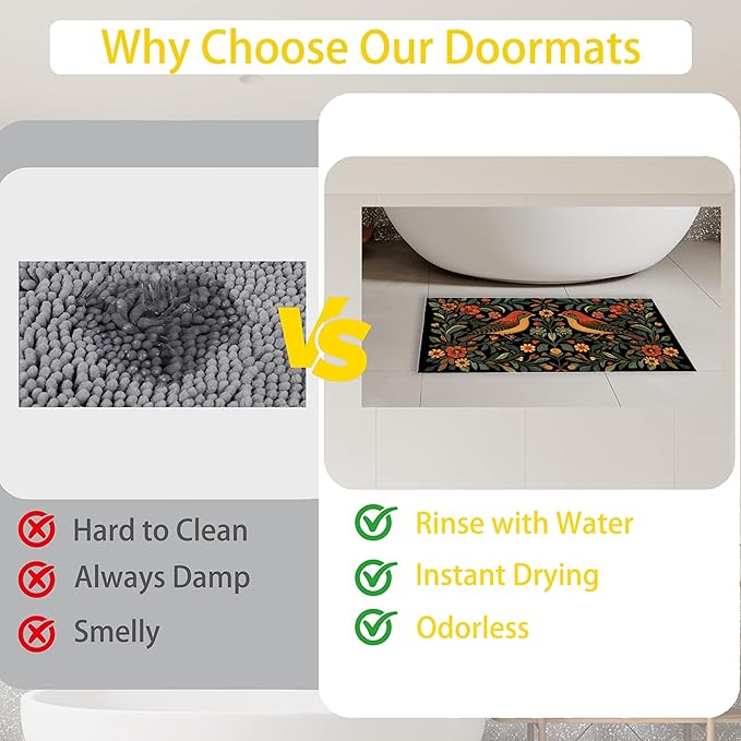 Front Door Mat,Vintage Flowers Birds Doormat Outside Entrance,Non-Slip Rustic Green Leaf Entryway Rug for Porch Patio, Felt Low Profile Welcome Mat Indoor for Hallways, 30 x 17 Inch