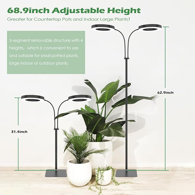 Grow Light, 2-Head LED Floor Plant Growing Lamp, Full Spectrum Plant Light for Indoor Plants, Extended&Built-in Power Cord, Automatic On/Off Timer, 6-Level Dimming, Adjustable Height of 63 in