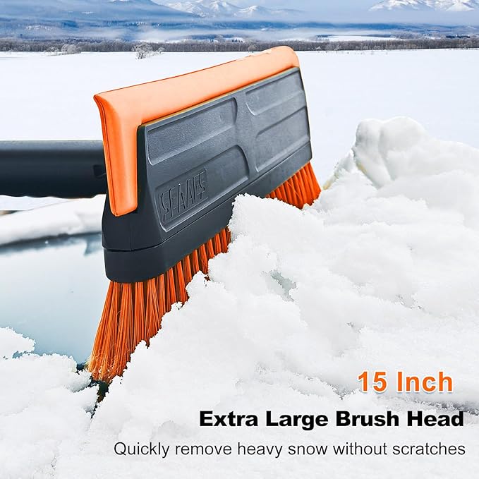 SEAAES 56 Inch Truck Snow Brush Scraper Long Handle, Heavy Duty Extendable Snow Broom for SUV, Windshield Ice Scraper with Foam Grip for Car Automobile Vehicle Window - Orange