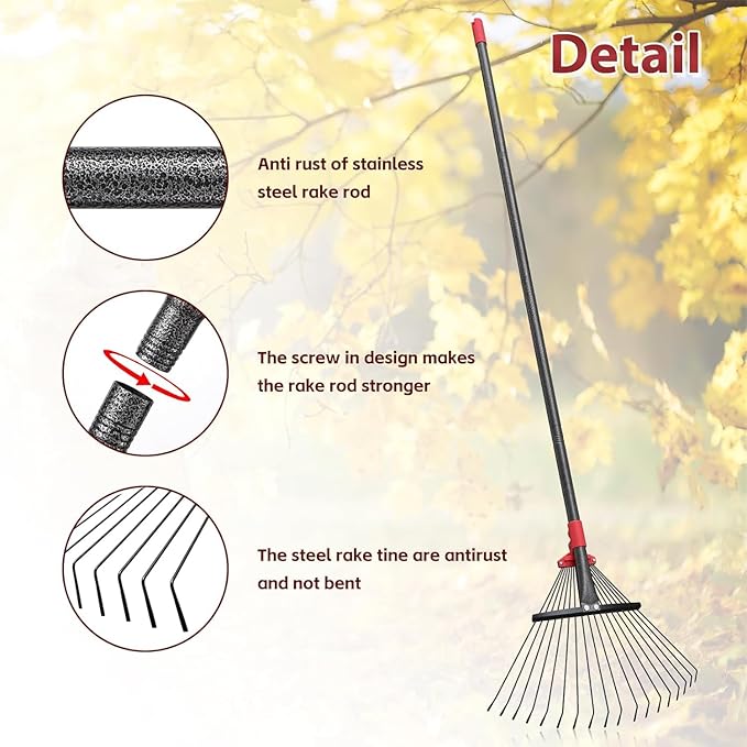 91 Inch Rake for Leaves , Adjustable 18 Tines with Expandable Head 9-18in Grass Rake Heavy Duty Metal Rakes for Women Children Yard Gardener Gardening Grass Debris Lawns