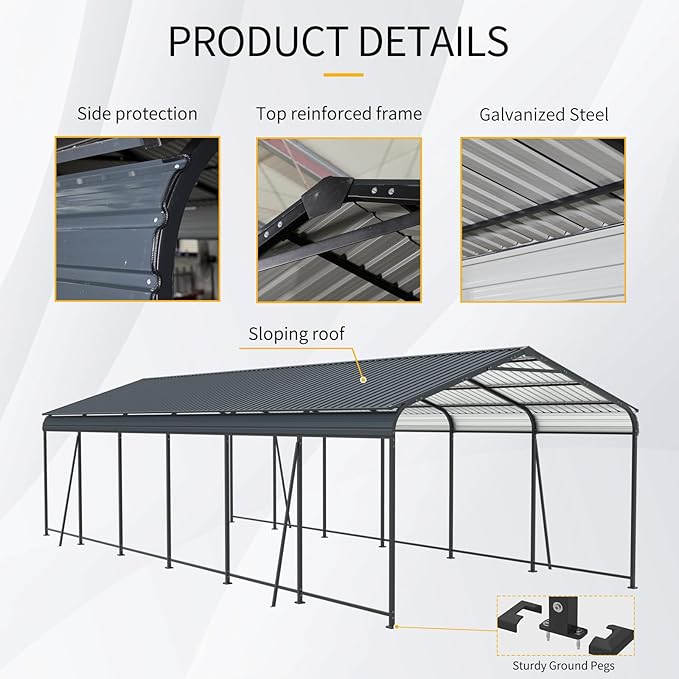 12x32 FT Metal Carport, Heavy Duty Car Port Canopy with Galvanized Steel Roof & Frame, Oversized Metal Carport Kit, Outdoor 2 Car Garage, Steel Car Shelter for Car, Boat, Truck, Charcoal