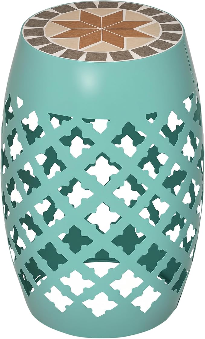 Outsunny 12" Patio Round Side Table, Outdoor Footstool, Garden Mosaic Accent Side Table, Plant Stand, Blue