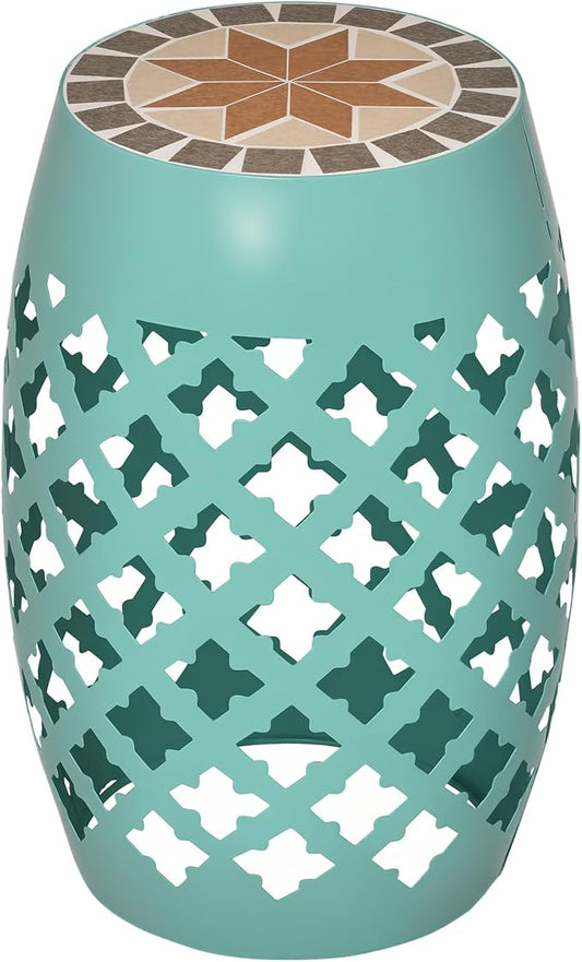 Outsunny 12" Patio Round Side Table, Outdoor Footstool, Garden Mosaic Accent Side Table, Plant Stand, Blue