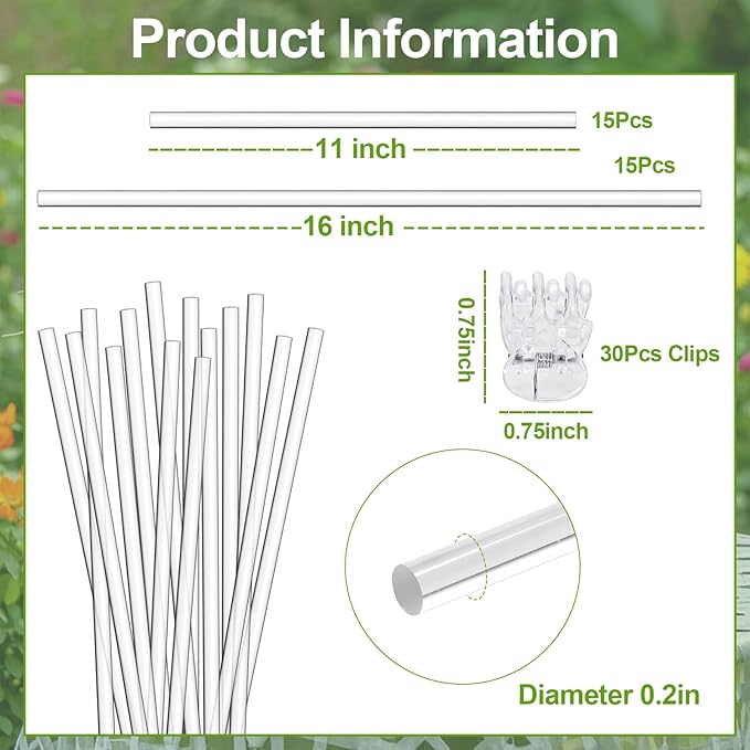 30 Pcs Plant Stakes Orchid Stakes 16Inch & 11Inch Clear Acrylic Plant Sticks Plastic Plant Support Stakes for Indoor Outdoor Garden with 30 Plant Clips for Potted Plants Vegetables Flowers