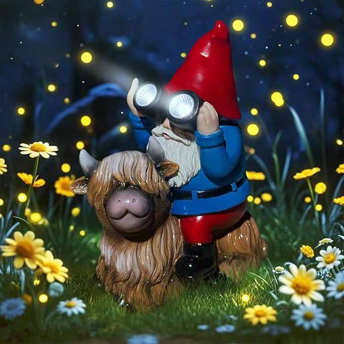 Gnome Garden Statue Solar Lights Outdoor Binoculars on Highland Cow,Birthday Gifts for Women/Men, Housewarming Gifts,Outdoor Decor for Balcony,Garden,Patio,Yard,Lawn(Cow Gnome)