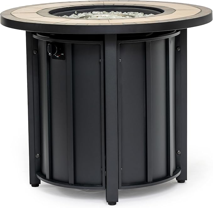 30'' Ceramic Round Propane Fire Pit Table, 50,000 BTU Steel Gas FirePit for Outdoor, Fire Table with Lid, Add Warmth & Ambience to Gatherings and Parties On Patio Deck Garden Backyard, Black.
