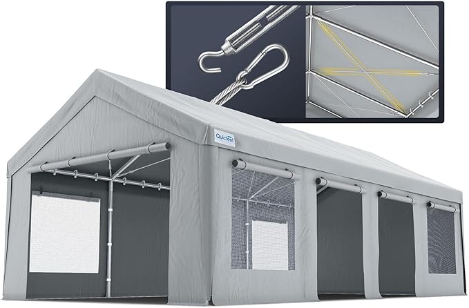 Quictent Heavy Duty 13x25 ft Carports with Side Zipper Doors & Snowproof Steel Cables & Ventilated Windows, Waterproof Storage Shelter for Car, Boat, RV, Outdoor Equipment, Gray