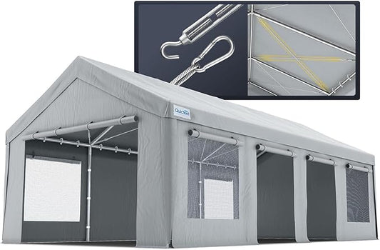 Quictent Heavy Duty 13x25 ft Carports with Side Zipper Doors & Snowproof Steel Cables & Ventilated Windows, Waterproof Storage Shelter for Car, Boat, RV, Outdoor Equipment, Gray