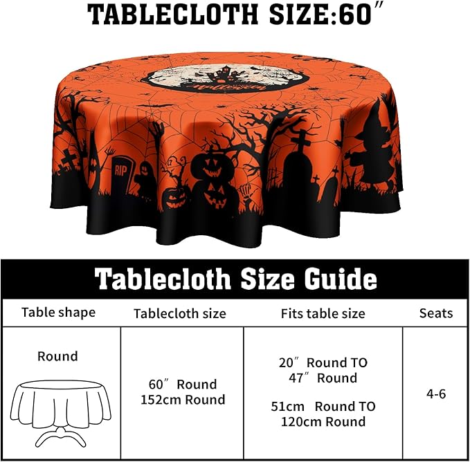 Happy Halloween Table Cloth, Pumpkin Spiders Ghosts Washable Polyester Round Tablecloth 60 inch for Kitchen Dinner Dining Room Indoor Outdoor Holiday Halloween Party Decoration
