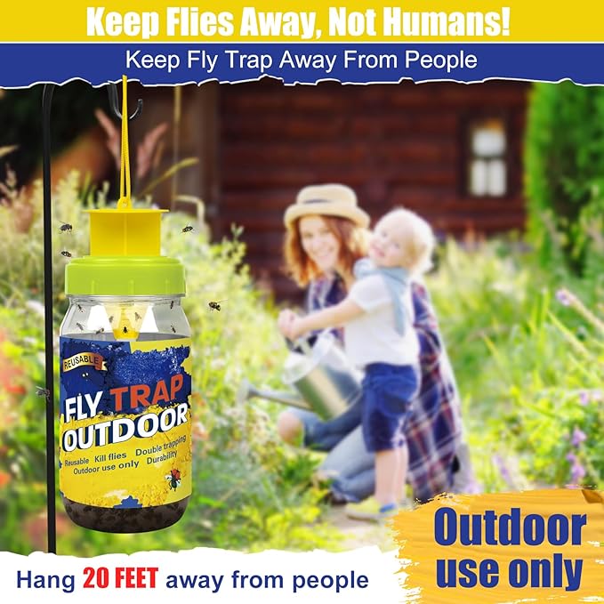 Glovv 2 Pack Reusable Fly Traps Outdoor for Patio with Bait Refill, Haning Fly Jar Trap Gnat Catcher Killer for Outside, Filth Flies Insect Bug Control to Repellent Fruit Fly for Ranch, Yard