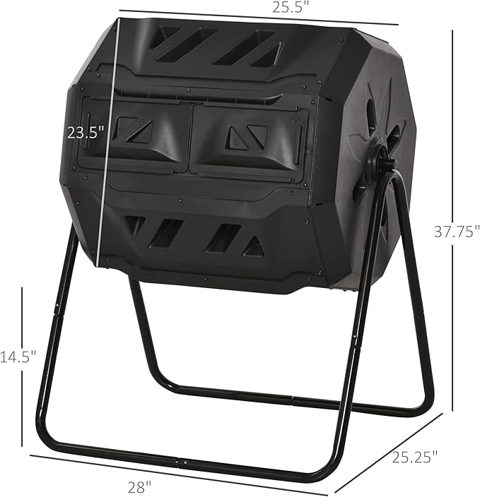 Compost Bin Outdoor, 43 Gallon Dual Chamber Tumbling Composting with Sliding Doors, Large Compost Tumbler, Compost Bin for Garden, Kitchen, and Yard Waste, Black