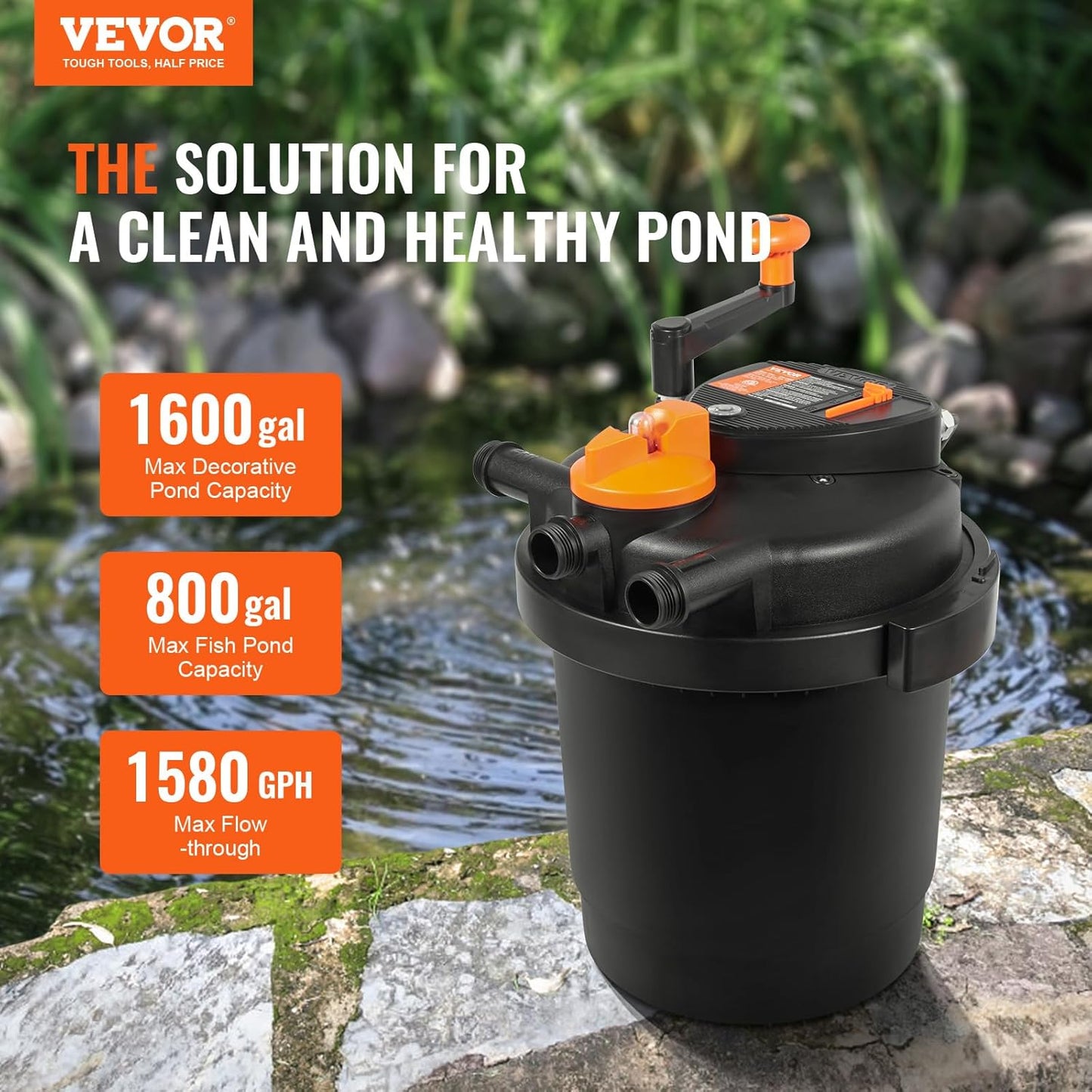 VEVOR Bio Pressure Pond Filter, Up to 1600 Gallons, with 13W UV-C Light, 1580 GPH, Pressurized Biological Pond Filter System Filtration Equipment for Fountain Pool, Koi Fish Aquarium Tank Garden Water