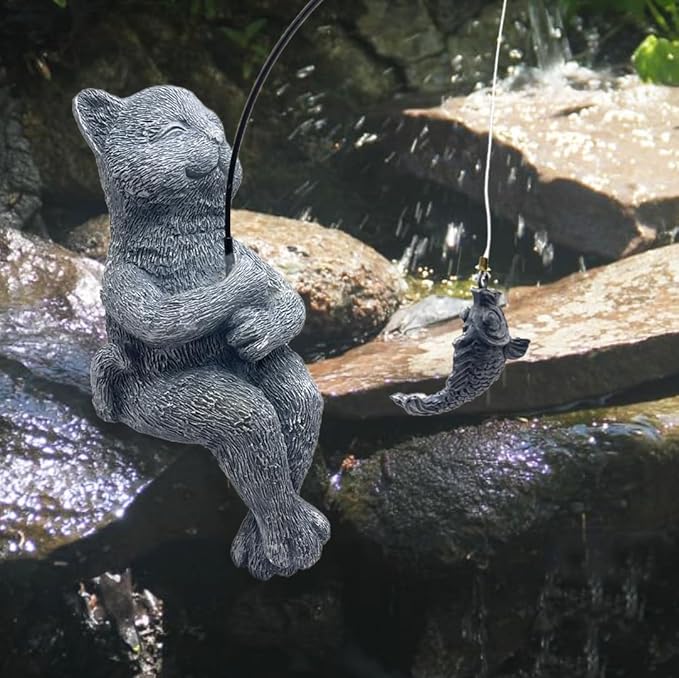 Cat Fishing Statue Garden Decor – 9.8" Weatherproof Resin Cat Fishing Sculpture Decor for Fish Ponds, Koi Ponds, Waterfalls, Poolside & Outdoor Gardens– Resin Figurine for Indoor & Outdoor Décor