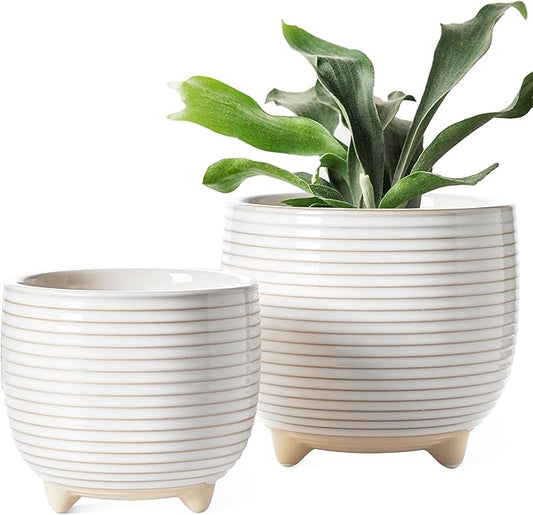 LE TAUCI Ceramic Plant Pots, 5.1 + 6.4 Inch Footed Pots for Plants, Modern Flower Pots for Home and Office, Indoor Planters with Drainage, Reactive Glaze White
