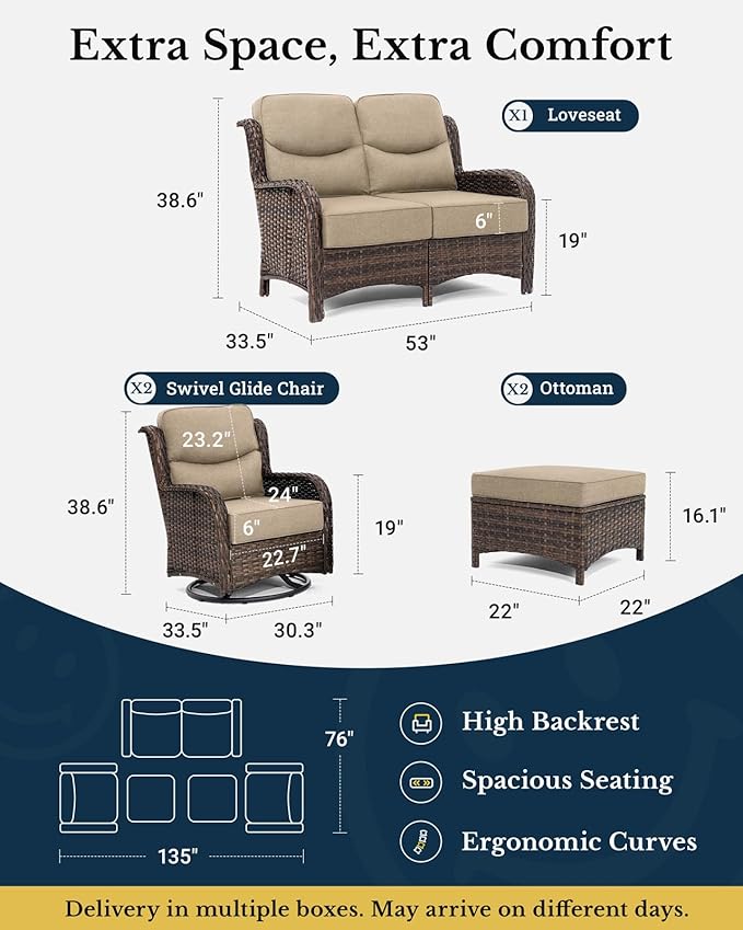 HILLGA Luxury High Back Patio Furniture Set with 6-Inch Thick Cushion, 5-Piece Outdoor Conversation Set with Loveseat, Swivel Rocker Chairs & Ottomans, Ideal for Porch Pool Deck Yard (Beige)