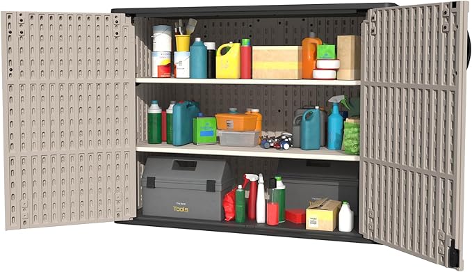 Patiowell Shelf of Plastic Outdoor Storage Cabinet, 26/50 Cu Ft Lockable Outdoor Storage Shed Waterproof Patio Tools Storage Box (2 Shelves),Beige