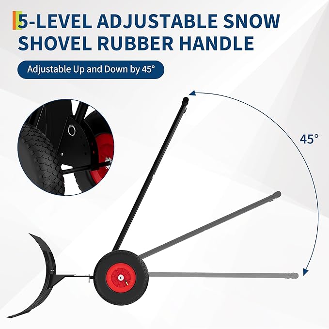 Large 40" W x 18" H Heavy Duty Snow Shovel with Wheels, Carbon Steel Blade w/Adjustable Angle & Height Ergonomic Handle for Easy Driveway & Pavement Clearing