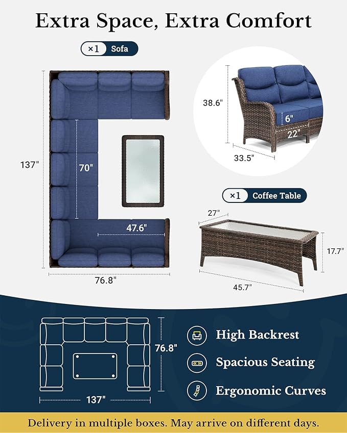 HILLGA Luxury Patio Furniture Set with 6-inch Thick Cushion, Outdoor Sectional Sofa and Coffee Table, 2PCS Wicker Conversation Set for Deck Yard and Poolside, Blue (V2)