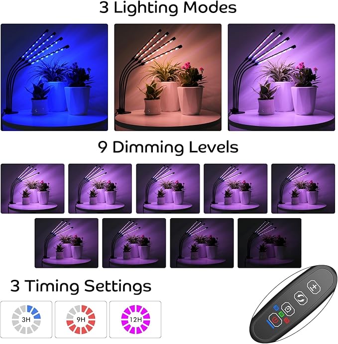 Shyineyou Grow Lights for Indoor Plants Full Spectrum, 80 LEDs Plant Lights for Indoor Growing with 3/9/12H Timer, 3 Color Modes & 9 Brightness, 4 Heads Clip-On Plant Grow Light