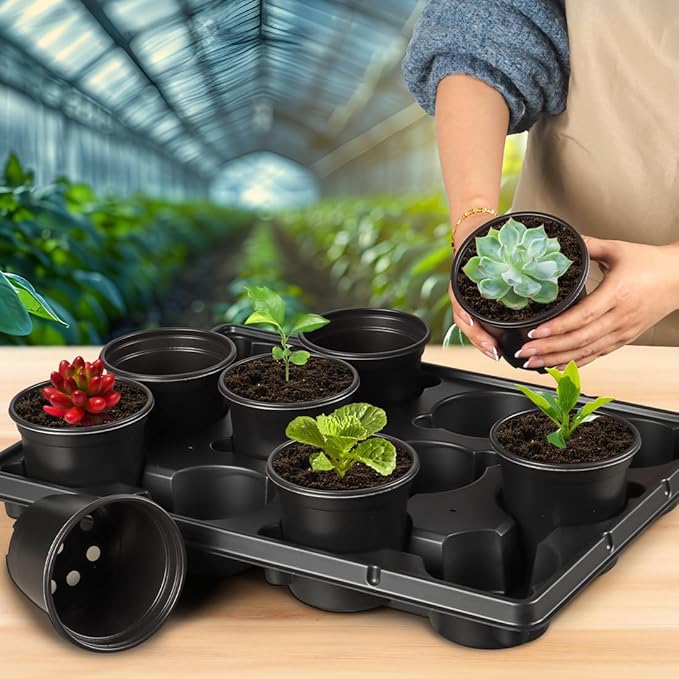 4 Inch Plastic Plant Pots 60 Pcs and 12 Cell Nursery Pots Trays 5 Pcs, Thick Sturdy Seeds Starting Germination Shuttle Carrying Trays, Black Small Planter Nursery Propagation 5 Sets