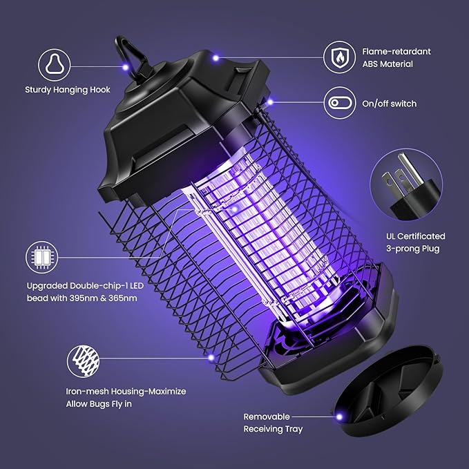 LiBa LED Bug Zapper Outdoor Indoor, Electric Mosquito Zapper Fly Trap Lamp, 10 Years Lifespan, 6.5ft Power Cord, Insect Killer Light for Home Yard Garden Patio Farm, High Voltage, IPX4 Rainproof