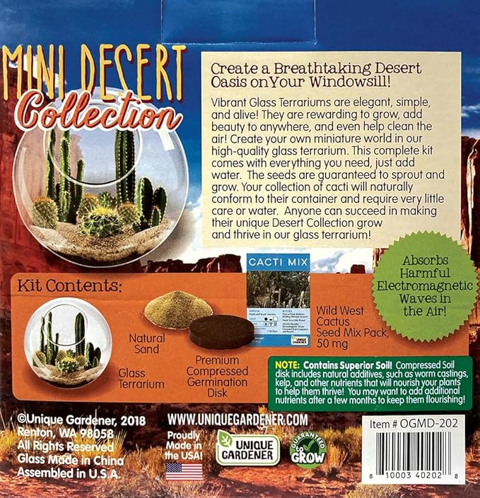 Cactus Succulent Glass Terrarium Starter Kit from Unique Gardener - Grow Your Own Indoor Desert Terrariums - Includes Live Cacti Plants and Easy Setup with Complete Terrarium Supplies