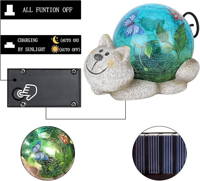 Afirst Solar Garden Statues Outdoor Figurines - Cat Lawn Ornament with Solar Lights Cracked Glass Outdoor Decor for Patio Yard Decorations