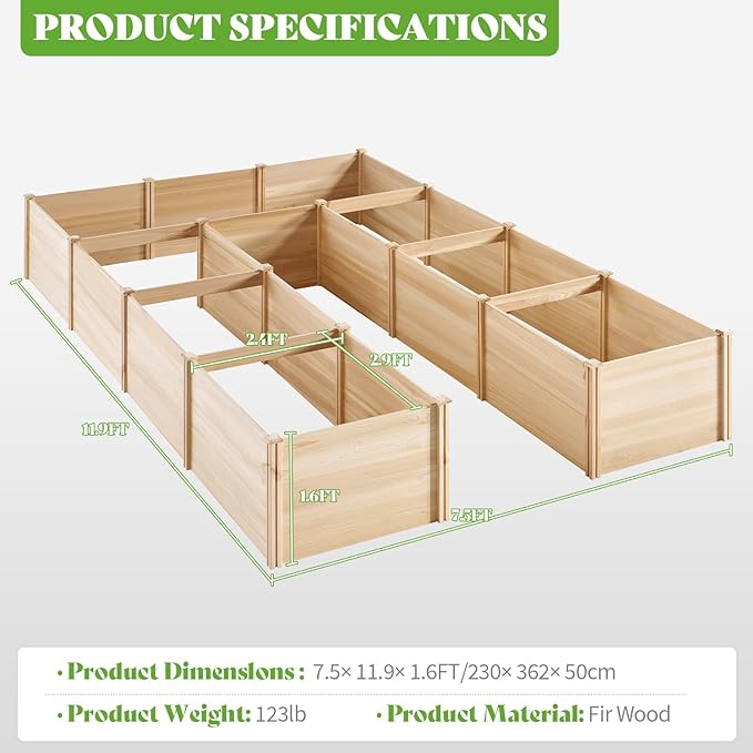 PaPaJet Wooden Raised Garden Bed for Outdoor, Nine Grid Deep Large Planter Box for Gardening, Vegetables, Flowers, Herbs（7.5× 11.9× 1.6FT）