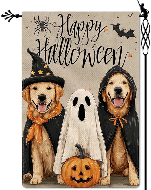 Happy Halloween Garden Flag Cute Puppy & Ghost Garden Flag Vertical Double Sided Rustic Farmland Burlap Yard Lawn Outdoor Decor 12.5x18"