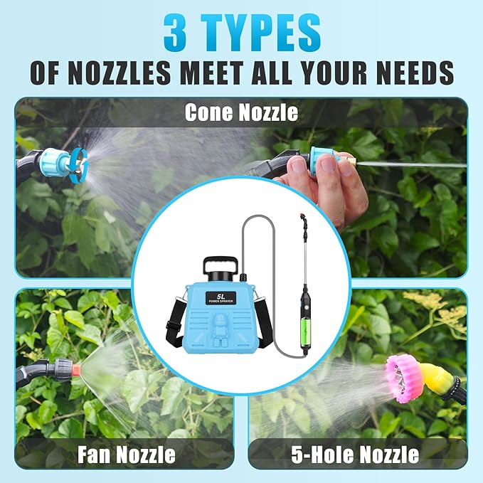 Battery Powered Sprayer 1.35 Gallon, Electric Garden Sprayer with 3 Mist Nozzles,Retractable Wand, Adjustable Strap for Lawn, Garden, Yard (Blue)