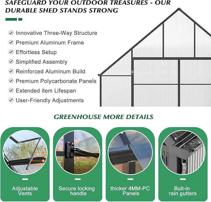 10'x10'x28' Snap-Together Greenhouse - Easy 3-Way Connectors, Heavy-Duty Aluminum Frame, Wind/Snow Resistant for Gardening/Urban Farming, Includes Sliding Door & Ventilation Windows