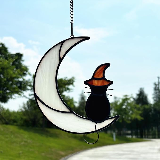 Stained Glass Halloween Black Cat Decor Gifts for Cat Lovers Memorial, Handmade Gothic Witch Hat Stained Glass Window Hangings Suncatcher for Windows Ornament Decoration.