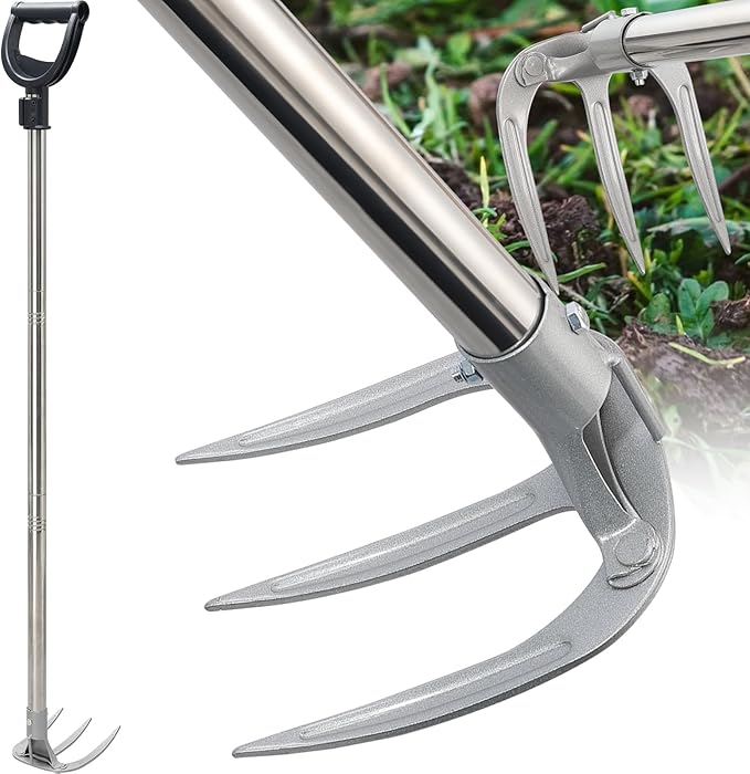 Potato Hand Rake Garden Tool - 62" Long Handle Cultivator Weeding Rakes, 3-Tine Heavy Duty Carbon Steel with D Grip for Raised Garden Beds,Flower Bed,Soil Grass Yard Gardening