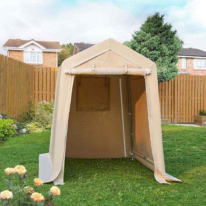 ADVANCE OUTDOOR 6x8 ft Outdoor Portable Storage Shelter Shed with 2 Roll up Zipper Doors & Vents Carport for Motorcycle Waterproof and UV Resistant Portable Garage Kit Tent, Beige