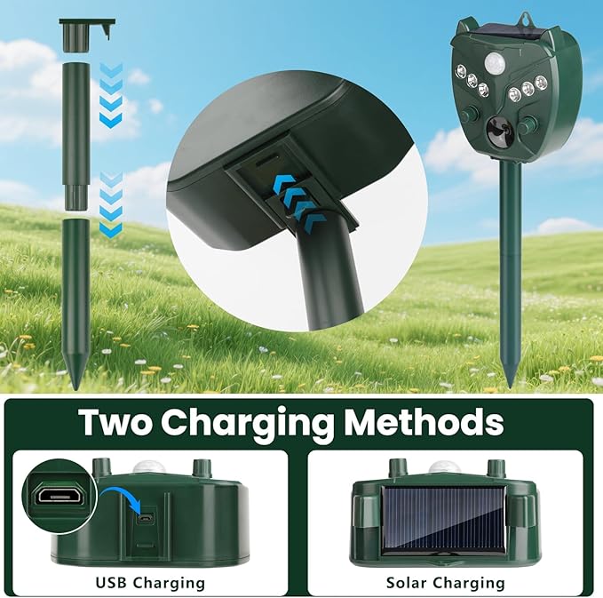 2 Pack 2025 Ultrasonic Animal Repellent Outdoor Deer Repellent Devices Solar Animal Repeller Motion Activated Deterrent to Scare Cat Squirrel Rabbit Raccoon Skunk with LED Flash Lights for Yard Lawn