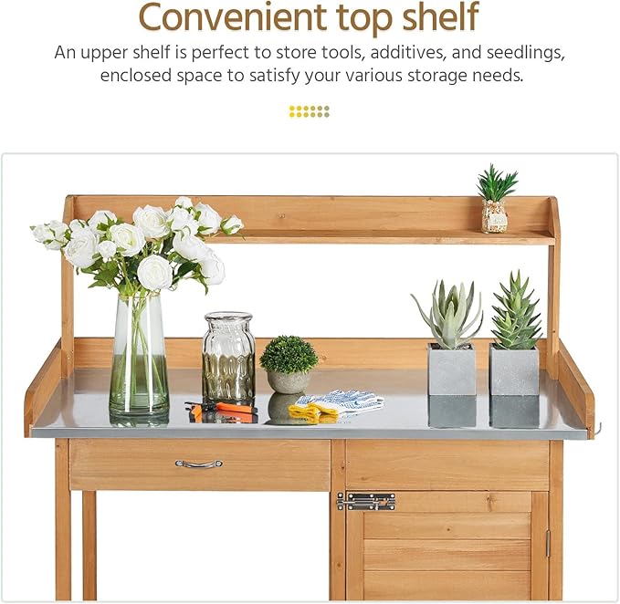 Yaheetech Outdoor Garden Potting Bench Table Work Bench Metal Tabletop W/Cabinet Drawer Open Shelf Natural Wood