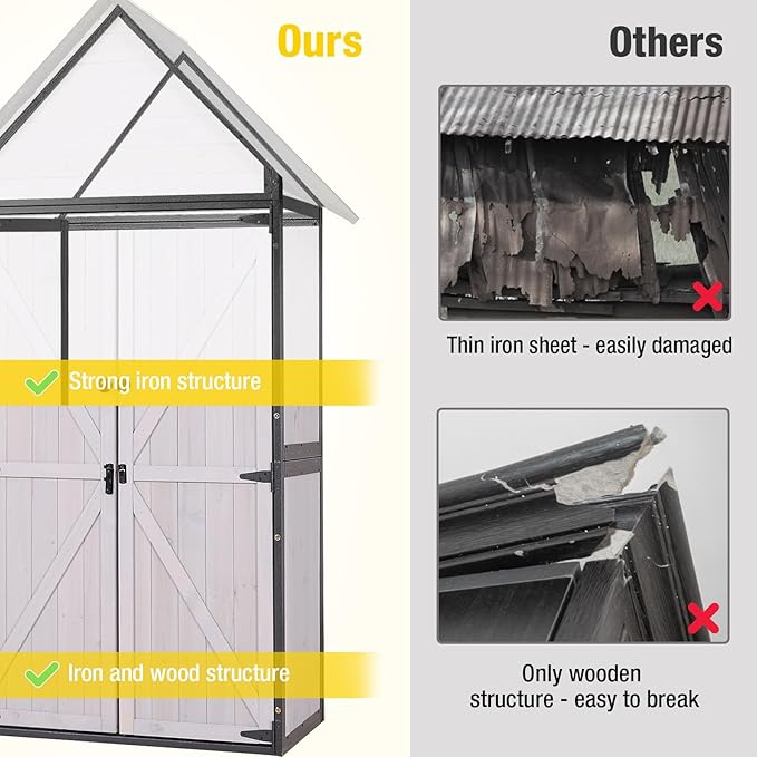 Outdoor Storage Shed,Vertical Wooden Tool Shed with Waterproof Roof,Adjustable 3 Tiers Shelves,Storage Tool Cabinet Box with Metal Frame Sloped Roof for Backyard Garden Patio Lawn (Off White)