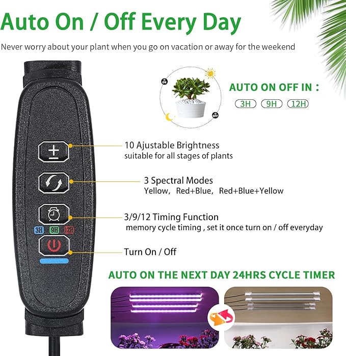 Four Strip Growing Lamp for Indoor Plants, Red & Blue & Yellow Full Spectrum LED Grow Light Strips with Auto ON/Off 3/9/12H Timer,10 Dimmable Levels for Green House Succulent (13 in)