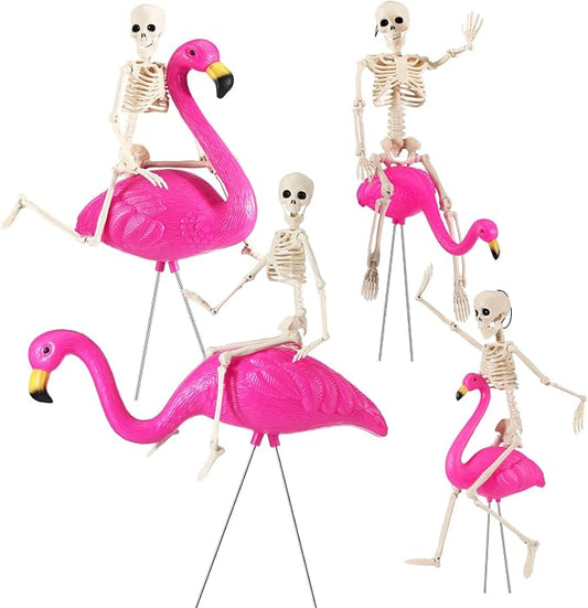 8 Pcs Halloween Skeleton Flamingo Decoration Outdoor Yard Ornament 15.7" Plastic Skeleton Decor with Posable Legs Flamingo Statue Decor for Yard Garden Lawn(Pink,M,Classic)