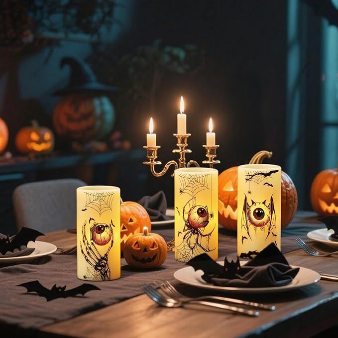 DRomance Halloween Flameless Flickering Candles Battery Operated with Timer, 3 Pack Real Wax LED Pillar Candles Spooky Bloody Eyes Spider Decals Dinner Halloween Decorations Indoor(3" D x 6" H)