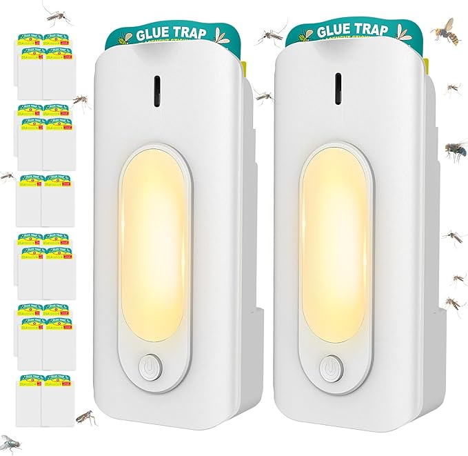 Fruit Fly Trap for Indoors-2PCS, 2 in 1 Fly Trap Indoor with Night Light for Home with 20 Refills, Gnat Traps for House Indoor, Plug-in Insect Trap for Gnats, Flies, Moths-White