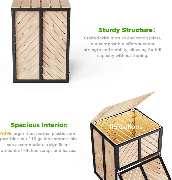115 Gallon Solid Wood Composter, Outdoor Compost Bin with Pull-Out Door and Flip-Top Lid, Heavy Duty Composting Bin for Outside Backyard, Garden, Patio, Natural